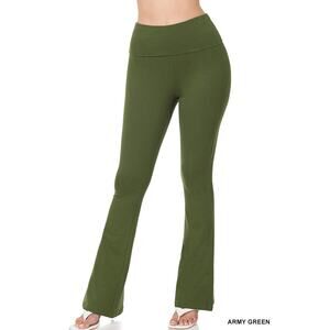 ZENANA Premium Cotton Fold Over Waist Army Green, Wide Yoga Flare Pants Size XL